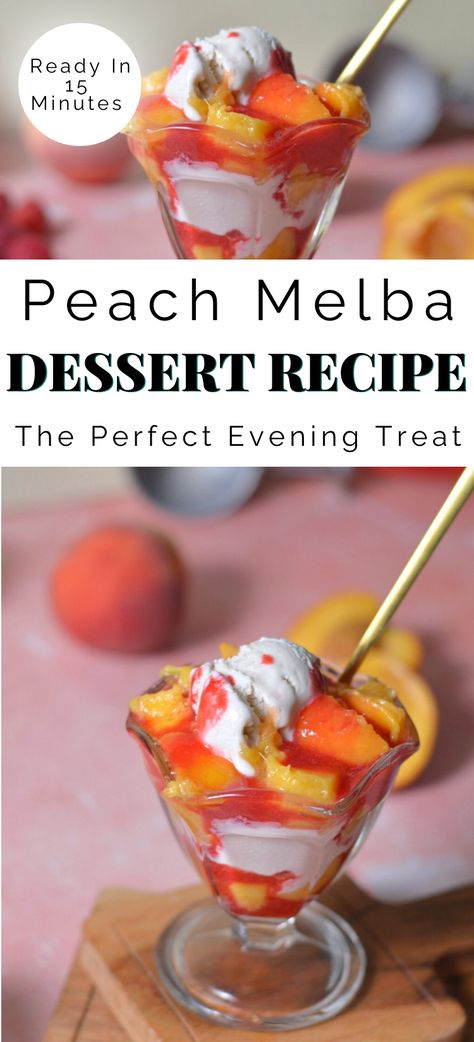 This Peach Melba dessert recipe is the perfect evening treat that is ready in 15 minutes. The sweet peaches are poached in a delicious simple syrup, the raspberries are turned into a velvety sauce, and they're both served over top creamy vanilla ice cream. Peach Melba Dessert, Peach Melba Recipe, Black Raspberry Pie, Poached Peaches, Melba Toast, Family Breakfast Recipes, Peach Melba, Liquid Sugar, Vanilla Ice Cream Recipe