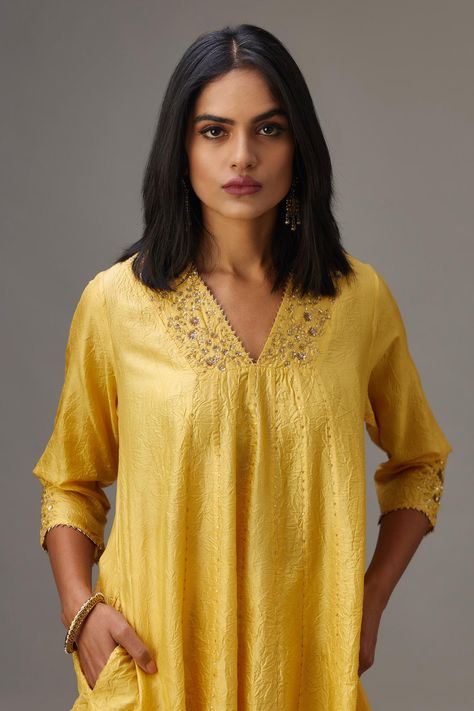 Buy Kora Yellow Silk Sleeve Embroidered Kurta Set Online | Aza Fashions Simple Kurtis, Sheer Dupatta, Yellow Kurta, Fashion Sketches Dresses, Sketches Dresses, Embroidered Border, Embroidery Neck Designs, Yellow Silk, Neckline Designs