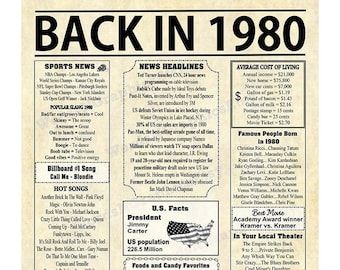 Back in 1980 Newspaper Style Poster, Born in 1980, 1980 Birthday, Printable, Gift Ideas for Her, Birthday Gift Ideas 3 JPG Files WHITE - Etsy 1980 Newspaper, Newspaper Style Poster, Her Birthday Gift Ideas, 40th Birthday Poster, Surprise 50th Birthday Party, Christmas Facebook Cover, Surprises For Husband, Chalkboard Poster Birthday, History Facts Interesting