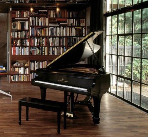 Piano In House Interior Design, Piano Office Room, Library Piano Room, Library With Piano, Piano In House, Grand Piano In Living Room, Grand Piano Aesthetic, Piano In Living Room, Grand Piano Living Room