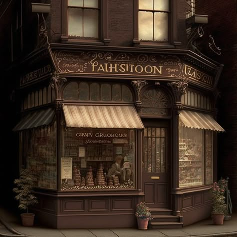 Victorian Bakery Shop, Victorian Shop Fronts, Light Acedamia Aesthetic, Fantasy Book Nook, Victorian Cafe, Victorian Bakery, Minecraft Victorian, Flower Shop Cafe, Vintage Shop Fronts