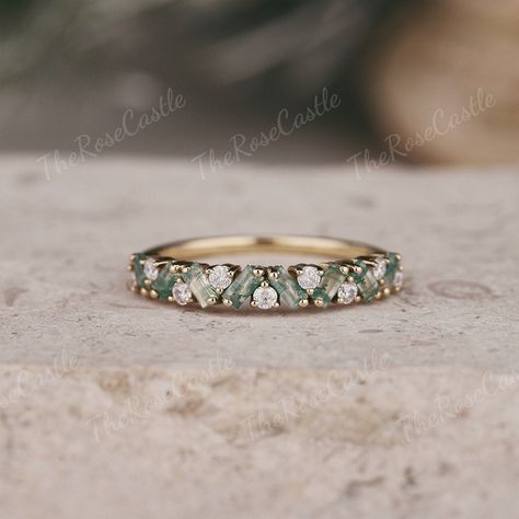 Unique Moss Agate Moissanite Wedding Band Eternity Gold Rings Art Deco Eternity Band Moss Agate Matching Rings Personalized Gift for Her - Etsy 10 Stone Ring, Mothers Ring Ideas Stackable, Cute Wedding Bands For Women, Low Profile Anniversary Ring, Wedding Ring Non Traditional, Woman’s Rings, Moss Agate Engagement Ring With Wedding Band, Moss Agate Promise Ring Gold, Yellow Gold Round Engagement Ring With Wedding Band