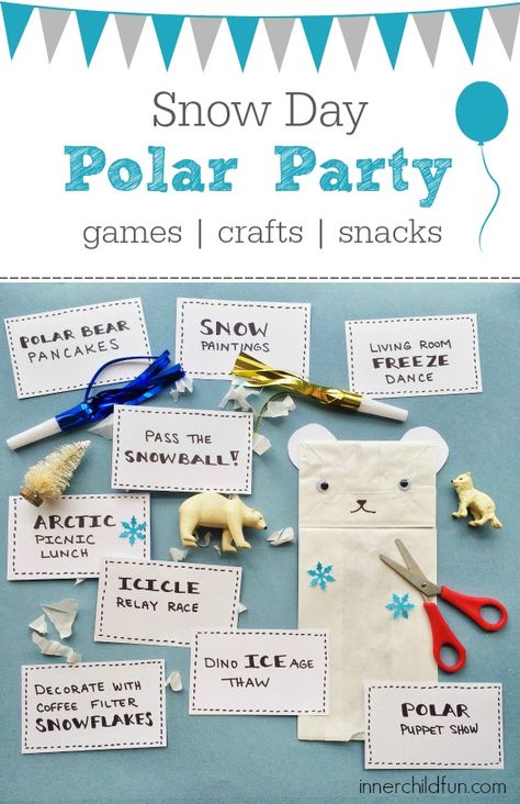 Polar Party for Snow Day Fun -- games, crafts, snacks Yeti Party Games, Polar Bear Plunge Party, Snow Day Party Ideas, Polar Bear Games For Kids, Snow Day Party, Arctic Animal Party, Artic Birthday Party Ideas, Penguin Party Games, Polar Bear Party Ideas