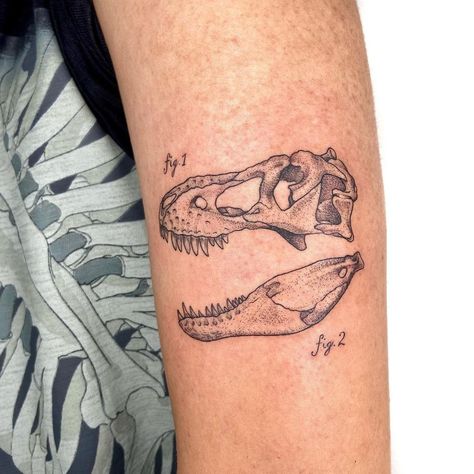 T-rex skull for Rex! 🦖✨ | Instagram Dinosaur Leg Sleeve Tattoo, Silly Dinosaur Tattoo, Dinosaur Bone Tattoo, Dino Bones Tattoo, Dinosaur Bones Tattoo, T Rex Tattoo Design, Dino Skull Tattoo, Dinosaur Fossil Tattoo, Dinosaur Sleeve Tattoo