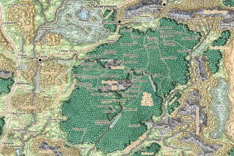 Detailed High Forest Map : Forgotten_Realms Forest Map, Map Drawing, Village Map, Rpg World, Dnd World Map, Party Characters, Fantasy World Map, Tabletop Rpg Maps, Fantasy Maps