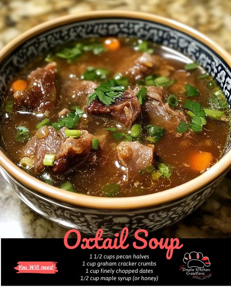 Indulge in the rich and savory flavors of this hearty Oxtail Soup recipe. Packed with tender oxtail meat, aromatic herbs, and nutrient-rich veggies, this soul-warming soup is perfect for cozy nights in. Try it out for yourself and treat your taste buds to a bowl full of comfort and deliciousness. #OxtailSoup #ComfortFood #HomemadeSoup #WinterRecipes Oxtail And Dumplings Recipe, Thai Oxtail Soup Recipe, Oxtail Soup Crockpot, Ox Tail Soup Recipe Crockpot, Ox Tail Recipe Soup, Easy Oxtail Recipes Crockpot, Oxtail Recipes Instant Pot, Ox Tail Soup Recipe, Korean Oxtail Soup