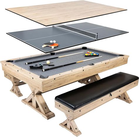 Freetime Fun 3 in 1 Multi Game 7 FT Pool Table with Dining Top and Ping Pong Table with Benches, Includes Billiard Accessories and Tennis Paddles - Combo Table Pool Table Dining Table, Basement Decoration, Multi Game Table, Pool Table Accessories, Billiard Pool Table, Storage Bench Seating, Basement Living Rooms, Billiard Accessories, Pong Table