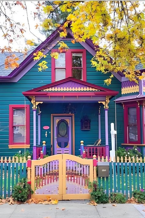 Funky House Colors Exterior, Indie House Exterior, Colorful Brick House, Canadian House Exterior, Funky House Exterior, Maximalist House Exterior, Lavender House Exterior, Colorful Exterior House Colors, Bright Exterior House Colors