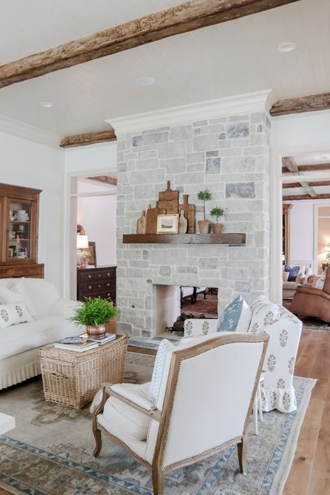 Timeless Traditional Home Tour with Stephanie of BloomingIvyLane - Farmhouse Living Relaxed Traditional Living Room, Hearth Room Off Kitchen With Fireplace, Elegant Farmhouse, Keeping Room Ideas, Marble Fireplace Surround, Hearth Room, Keeping Room, Brick Flooring, Farmhouse Living