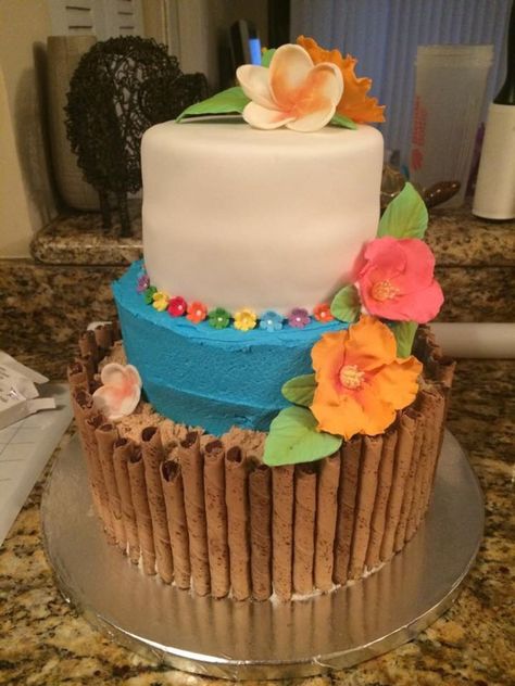 Luau Cake Ideas For Kids, Hawaiian Cake Design, Luau Anniversary Party, Luau Cake Ideas, Beach Hut Cake, Birthday Cake Ideas For Boys, Luau Birthday Cake, White Almond Cake, Kids Luau