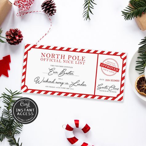 Editable Christmas Gift Voucher From Santa North Pole Delivery Printable Nice List Certificate Santa Gift Voucher Print at Home Christmas by BespokeInvites on Etsy Christmas Voucher Design, Lapland Reveal, Christmas Ticket, Christmas Voucher, Client Gifts Christmas, Christmas Gift Voucher, Christmas Vouchers, Christmas Gift Vouchers, Gift Voucher Design