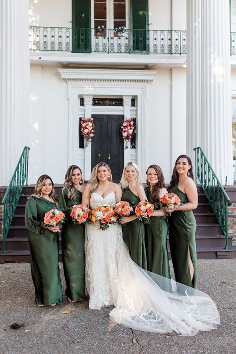 You want to add a subtle pop of color to your wedding fashion? Have your bridesmaids rock deep green bridesmaids dresses. These green dresses paired with the colorful pink and orange bouquets created a stunning summer wedding look. | John Myers Photography & Videography Pink And Green Wedding Theme, Green Bridesmaids Dresses, John Myers, Bridal Parties Colors, Dark Green Bridesmaid Dress, Wedding Musicians, Orange Bridesmaid, Orange Bouquets, Fall Bridesmaids