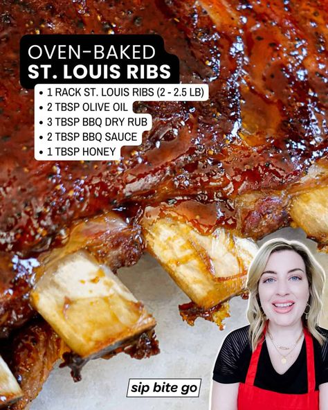 Try my easy way to cook St. Louis ribs in the oven - no BBQ grill needed! Baked ribs is an easy dinner that is satisfying and can feed a crowd. Let’s make it! | sipbitego.com St Louis Ribs In Oven, St Louis Ribs, Ribs In The Oven, Ribs In Oven, Oven Baked Ribs, Bbq Dry Rub, Honey Bbq Sauce, Baked Ribs, Oven Roasted Chicken