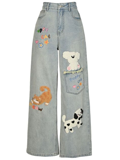 Puppy Cat Party Cute Patch Denim Wide-Leg Jeans-ntbhshop Patch Denim, Gothic Skirts, Cute Patches, Cute Pants, Denim Patches, Cat Party, Light Blue Jeans, Cute Jeans, Outfits With Hats