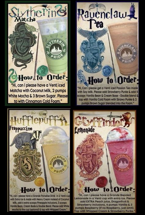 Starbucks Secret Menu Drinks Harry Potter, Harry Potter Drinks Nonalcoholic Hogwarts, Princess Starbucks Drinks, Acotar Starbucks Drink, Shrek Starbucks Drink, Slytherin Starbucks Drink, Starbucks Drinks Harry Potter, Harry Potter Coffee Drinks, Demon Slayer Starbucks Drink