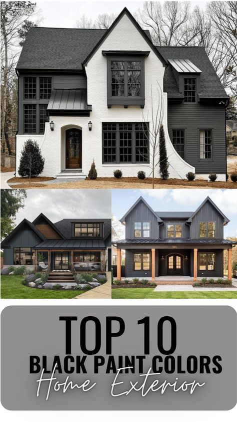 Black White Gray House Exterior, 2023 Exterior Design Trends, Iron Ore Vs Tricorn Black Exterior, Black Exterior Trim Colors, Dark Charcoal Exterior House Colors, Black Paint House Exterior, Outside House Paint Colors 2023, Grey White And Black House, Black Metal Roof Grey House