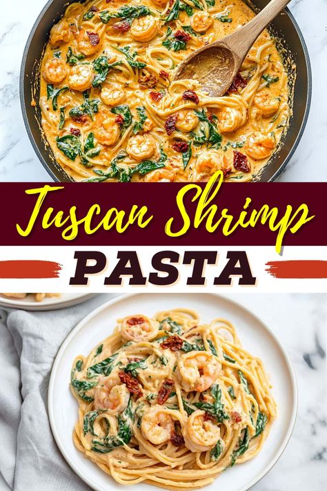 This creamy Tuscan shrimp pasta is so rich and delicious! It's a restaurant-worthy meal that's easy to make in your own kitchen. Tuscan Shrimp Pasta Recipe, Creamy Tuscan Shrimp Pasta, Shrimp Tuscan Pasta, Tuscan Shrimp Pasta, Shrimp Noodles Recipes, Creamy Tuscan Shrimp, Kale Pasta Recipe, Tuscan Shrimp, Tuscan Pasta