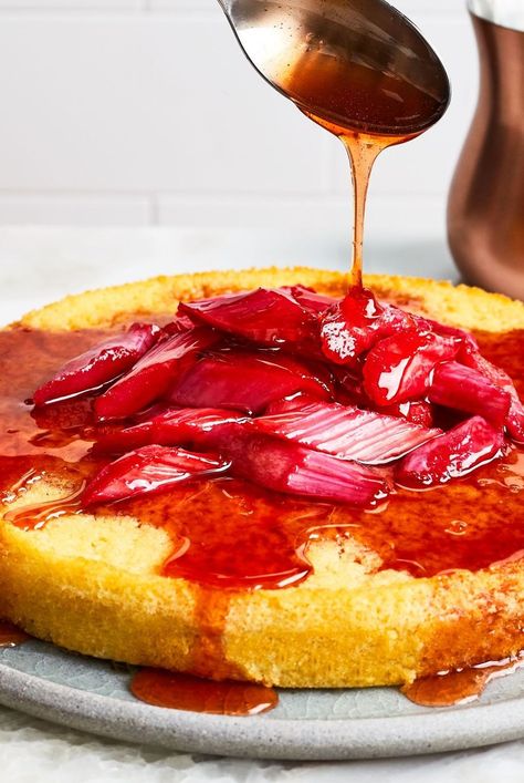 Andrea Slonecker's Aperol Spritz Cake with Prosecco-Poached Rhubarb gets a moist, fluffy crumb from sparkling wine in the batter. Spring Recipe, Fruit Dessert Recipes, Light Cakes, Cobbler Recipes, Dessert Dishes, Round Cake Pans, Aperol Spritz, Healthy Fruits, Round Cakes