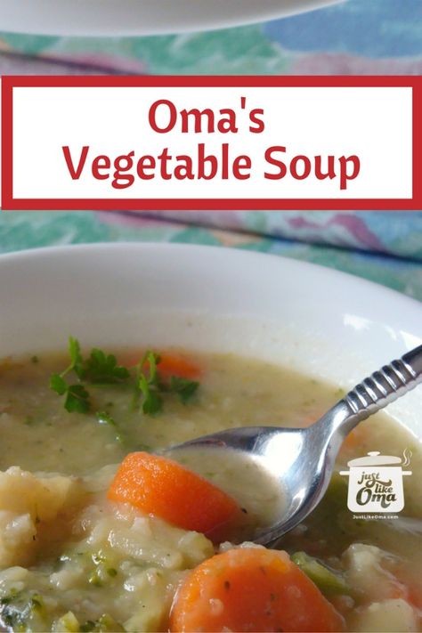 This homemade vegetable soup is so quickly made using frozen vegetables and any leftovers you might have lying around. It's a nourishing way to clean out your freezer and fridge! Grandmas Vegetable Soup Recipes, Soup Using Frozen Vegetables, German Vegetable Soup, Natashas Kitchen Vegetable Soup, Grandma's Vegetable Beef Soup, German Soup, Homemade Vegetable Soup, Traditional German Food, German Cooking