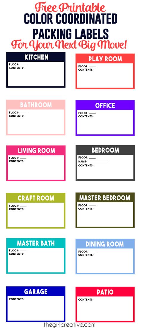 Color coordinated packing labels are a MUST HAVE for your next big move. Keep track of everything in every room with free printable packing labels. Moving Box Labels, Moving Organisation, Moving Labels, Packing Labels, Moving House Tips, Moving Hacks Packing, Moving Help, Organizational Printables, Organizing For A Move