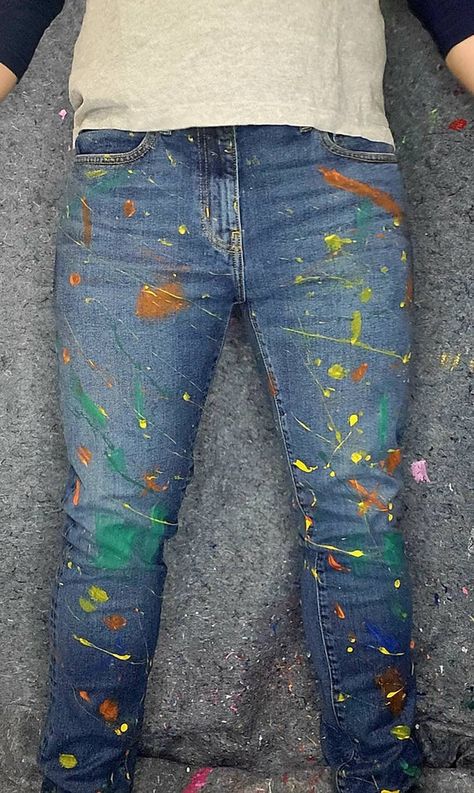 Overall Men, Demin Jeans, Jeans Custom, Paint Splatter Jeans, Overalls Men, Palm Desert, Denim Jeans Men, Yellow Painting, Paint Stain