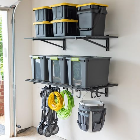 PRICES MAY VARY. GARAGE WALL STORAGE: Organize your garage with this 2 Pack of large wall mounted shelves! Perfect for storage bins, boxes, tires, sporting goods, and more! HEAVY DUTY STEEL: 2' x 4' solid alloy steel square tubing frame supports up to 200 lbs per shelf, up to 400 lbs total among both shelves! HANGING HOOKS: Includes (2) Large Hooks and (6) Small Hooks for hanging storage below the shelves. Great for garden hoses, extension cords, bikes, and more. EASY TO INSTALL: Independent wal Garage Wall Shelves, Garage Wall Storage, Wall Mount Storage, Wall Mounted Storage Shelves, Overhead Garage Storage, Bike Storage Rack, Shelf With Hooks, Wall Storage Shelves, Wall Shelving