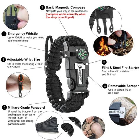 Camping Bushcraft, Paracord Survival Bracelet, Flint Fire Starter, Flint And Steel, Emergency Survival Kit, Wrist Accessories, Paracord Survival, Parachute Cord, Fire Starter