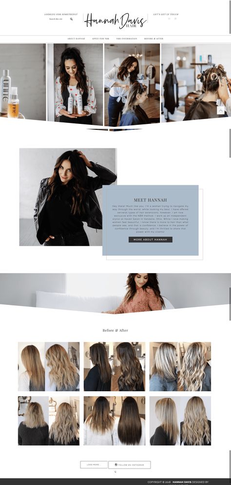 Hair Portfolio Ideas, Website Design Inspiration Hairstylist, Hair Extensions Website Design, Hair Salon Website Design Inspiration, Hair Stylist Website Design, Hairstylist Portfolio Ideas, Hairstylist Website Design, Hannah Davis Hair, Stylist Website Design