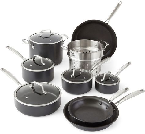 Cooks Signature 14-pc. Hard-Anodized Cookware Set - The Cooks Signature hard-anodized 14-piece cookware set is built to handle the rigorous everyday uses of the home chef with its heavy-gauge aluminum body. distributes heat evenly twice as strong as stainless steel triple-coated with Matrix nonstick coating provides superior release and durability tempered glass lids with tight seal oven safe up to 450F with glass 350F Best Pots And Pans, Induction Cookware, Nonstick Cookware Sets, Cookware Set Stainless Steel, Pots And Pans Sets, Stainless Steel Cookware, Nonstick Cookware, Cast Iron Cookware, Cookware Sets