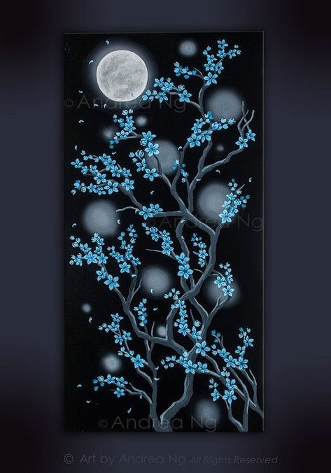 Gothic Painting, Painting Surreal, Painting Moon, Blossom Painting, Easy Flower Drawings, On Black Canvas, Cherry Blossom Painting, Black Canvas Paintings, Canvas For Beginners