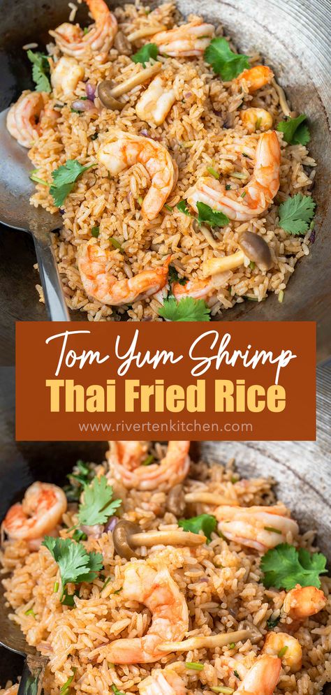 Shrimp fried rice with Thai Tom Yum paste Shrimp Paste Fried Rice, Tom Yum Fried Rice Recipe, Spicy Shrimp Fried Rice, Tom Yum Fried Rice, Fried Rice Recipe Video, Fried Rice With Shrimp, Prawn Fried Rice, Tom Yum Paste, Rice With Shrimp