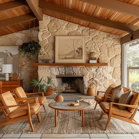 Your Guide To Crafting The Perfect Mid-Century Modern Living Room - Edward George Mid Century Living Room Ideas, Modern Stone Fireplace, Mid Century Modern Fireplace, Mcm Living, Mid Century Modern Interior Design, Mid Century Living, Mid Century Living Room, Mid Century Modern Living, Mid Century Modern Living Room