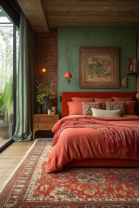 Red and green bedrooms offer endless design possibilities! Explore 20 unique themes to find the perfect style for your personality. From classic Christmas vibes to modern and minimalist designs, there's a red and green bedroom theme for everyone. Bedroom Interior Maximalist, Colorful Sophisticated Bedroom, Jawbreaker Bedroom, Bold Bohemian Bedroom, Red And Green House Decor, Gem Colored Bedroom, Forest Green And Rust Bedroom, Bedroom Decor Colourful, Minimalist Colourful Bedroom