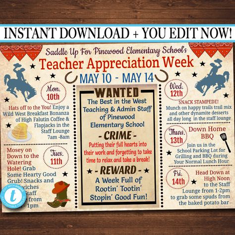 Excited to share the latest addition to my #etsy shop: EDITABLE Western Themed Teacher Appreciation Week Itinerary Poster, Wild West Appreciation Week Schedule Events, INSTANT DOWNLOAD Printable #printablebanner #schoolfundraiser #teacherappreciation #appreciationweek #scheduleofevents #printableposter #ptoptaflyer #appreciationideas #teacherappreciationideas #tidyladyprintables Western Teacher Appreciation, Staff Break Room, Teacher Appreciation Poster, Teacher Appreciation Week Themes, Teacher Appreciation Themes, Staff Appreciation Week, Week Schedule, Invitation Text, Staff Appreciation