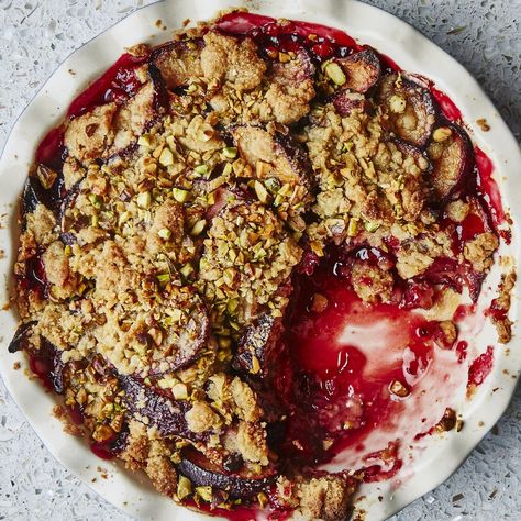 Plum-Cardamom Crumble Recipe | Bon Appétit Fruit Crumble Recipe, Pistachio Crumble, Plum Crumble, Raw Pistachios, Pistachio Recipes, Plum Recipes, Fruit Crumble, Crumble Recipe, Summer Dessert Recipes