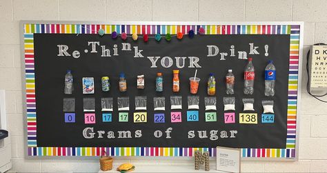 Rethink Your Drink Bulletin Board, Sugar In Drinks, School Nurse Ideas, Rethink Your Drink, Nurse Bulletin Board, School Nurse Office Decorations, Nurse Office Decor, Nurse Ideas, School Nurse Office