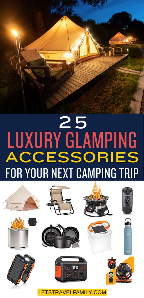 The right glamping accessories allow you to enjoy all the comforts of home without sacrifing the adventure of camping. Here are the glamping must-haves that you should take on your next camping trip. Glamping Equipment, Glamping Accessories, Glamping Aesthetic, Luxury Camping Gear, Bnb Ideas, Primitive Camping, Resort Design Plan, Glam Camping, Glamping Ideas