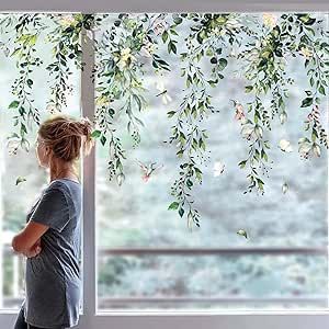 Whaline 9 Sheets Summer Flowers Window Clings Eucalyptus Flower Window Stickers Spring Plant Hanging Vine Floral Leaf Reusable Static Window Decals for Wedding Party Home Decor Supplies Indoor Vines, Flowers Window, Glass Window Decals, Eucalyptus Flower, Summer Window, Plant Hanging, Aesthetic House, Store Window Displays, Harvest Party