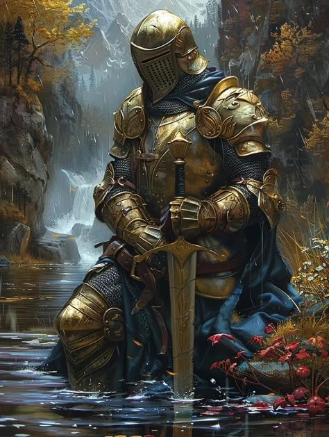 Tamriel Oath Of The Watchers Paladin, Oath Of Redemption Paladin, Redemption Paladin, Pirate Concept, Warrior Wallpaper, Fantasy Medieval Art, Golden Army, Dark Inspiration, Warrior Of Light