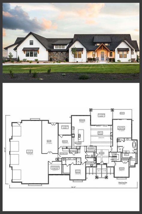 House Plan Hero - Take a tour of this 3,224 sq ft Single-Story, 2-Bedroom Transitional Plan w/ Home Office: https://buff.ly/3q3hrpD | Facebook Large Garage House Plans, House Plans With Side Entry Garage, Side Entry Garage House Plans, Large Ranch House Plans, Large Garage Ideas, 4 Car Garage House Plans, Bedroom Ranch Style, Side Entry Garage, Metal Awnings