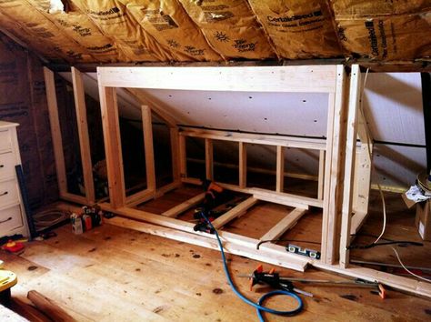 Bed nook Attic Bed, Attic Renovation Ideas, Attic Doors, Attic Playroom, Attic Loft, Frame Work, Built In Bed, Attic Conversion, Attic Design