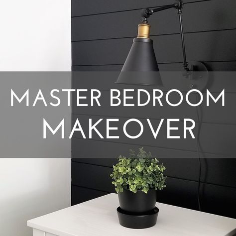 Master Bedroom | Black Shiplap | Accent Wall | Barn Doors | Shiplap Barn Door | Black and White Bedding | Wall Sconces Shiplap Black Wall Bedroom, Black Accent Wall With Black Bed, Dark Blue Shiplap Wall Bedroom, Black Shiplap Accent Wall Bedroom, Dark Shiplap Wall Bedroom, Horizontal Shiplap Wall Bedroom, Black Wall Sconces Bedroom, Wall Sconces In Bedroom, Bedroom Inspirations Master Black Accent Wall