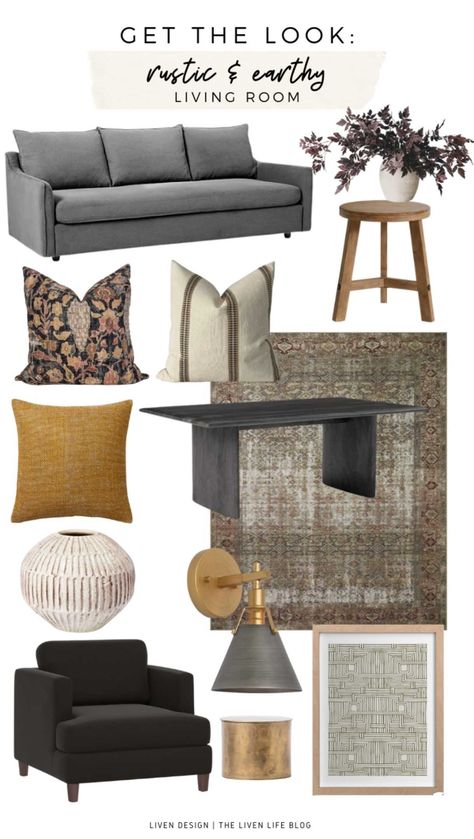 Grey Rust Gold Living Room, Gold And Charcoal Living Room, Grey Sofa Gold Coffee Table, Charcoal Sofa Styling, Black Grey Wood Living Room, Gray And Rust Living Room, Mustard And Brown Living Room, Accent Colors For Gray Living Room, Earthy Living Room Earth Tones