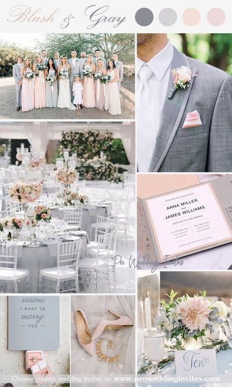 Blush And Grey Wedding, Grey Wedding Theme, Colored Wedding Dress, Pink Wedding Theme, Dusty Rose Wedding, Blush And Grey, Pocket Wedding Invitations, Summer Wedding Colors, Wedding Palette