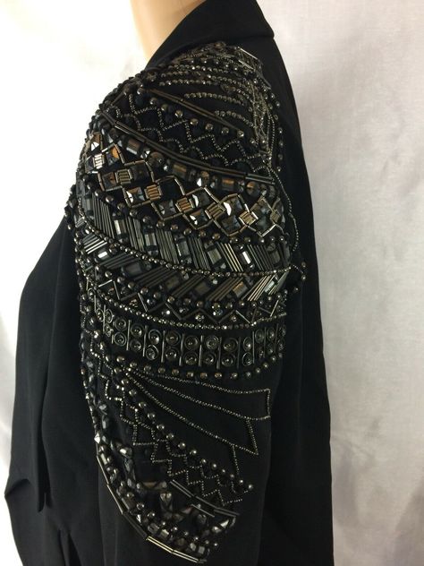 SACHIN & BABI ONE BEADED SEQUINS SHOULDER Shawl Collar SZ 4 BLACK BLAZER,CARDIGAN WOMEN’S JACKET.Beautiful elegant. Pre-Owned in very Good Used Condition Gently Worn. (No Rips,stains, holes, or excessive signs of wear.)Some unnoticeable beads row missing closer to the bottom still functional beautiful beaded work of art. (Please see the last photos for details, check measurements and don’t hesitate to ask questions before purchasing an item.) Approximately Flat Measurements not stretched: • Shou Beaded Clothes, Beaded Blazer, Shoulder Shawl, Beads Clothes, Beaded Work, Blazer Cardigan, Embellishment Details, Sachin Babi, Beaded Cardigan