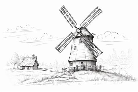 Drawing Archives - Yonderoo Wind Mill Drawing, Farmhouse Drawing, Windmill Drawing, Classroom 2023, Wind Mill, Old Windmills, Perspective Drawing, Happy Drawing, Iris Flowers