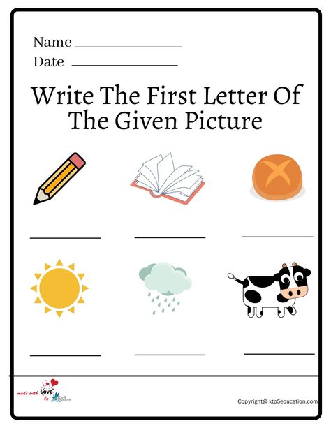 Name The Picture Worksheet, First Letter Of The Picture Worksheet, Write The First Letter Of The Picture, Worksheet For Nursery Class, Phonics Learning, Alphabet Practice Worksheets, Nursery Worksheets, English Nursery, 3 Letter Words