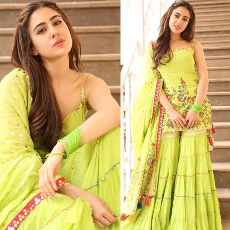 Neon has never looked this beautiful 😍😍Sara Ali Khan look mesmerising today for Kedarnath promotions 🤗Follow 👉 @InstantBollywood for more updates ❤❤❤ . . #instantbollywood #bollywood #delhi #mumbai #delhidaily #mumbaidaily #delhidiaries #mumbaidiaries #SaraAliKhan Green Sharara, Sharara Designs, Sharara Suits, Indian Designer Suits, Casual Indian Fashion, Sharara Suit, Indian Wedding Wear, Kurti Designs Party Wear, Sara Ali Khan