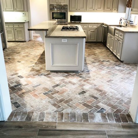 Brick Kitchen Floors, Brick To Wood Floor Transition, Brick Kitchen Floor, Brick Floor Kitchen, Farmhouse Kitchen Flooring, Floor Material, Kitchen Floors, Retirement House, 2024 Kitchen