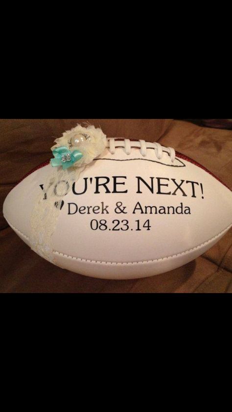 Garter Toss Idea!!!! #SoCute #FootballWedding Football Garter Toss, Football Garter, Football Wedding, Garter Toss, Ring Bearers, Personalized Football, Grooms Cake, Play Ball, White Party